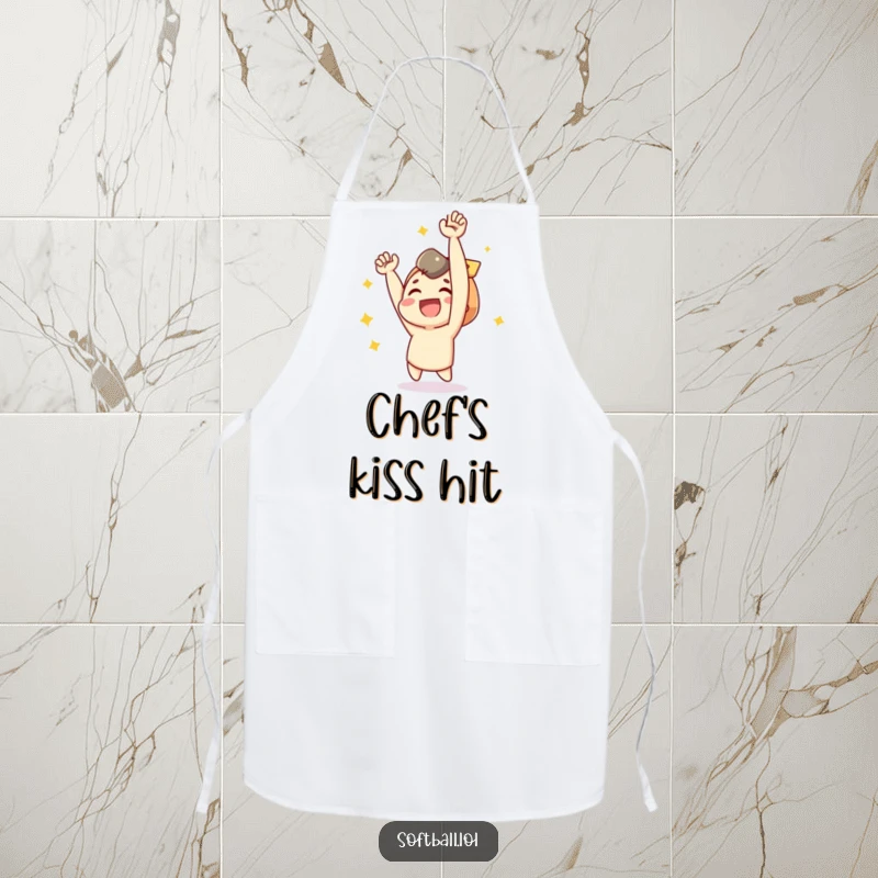 Funny apron with a joyful character cheering after a baseball hit, perfect for sports-themed cooking.