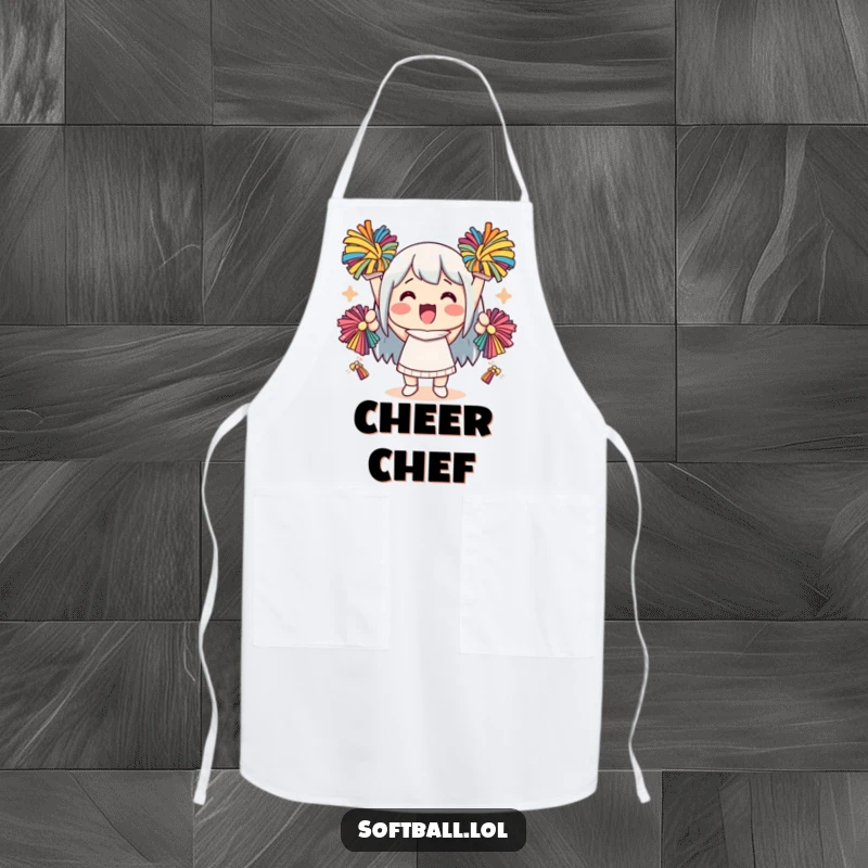 Funny kawaii character apron with a cute character cheering with pom-poms, perfect for spirited kitchen activities.