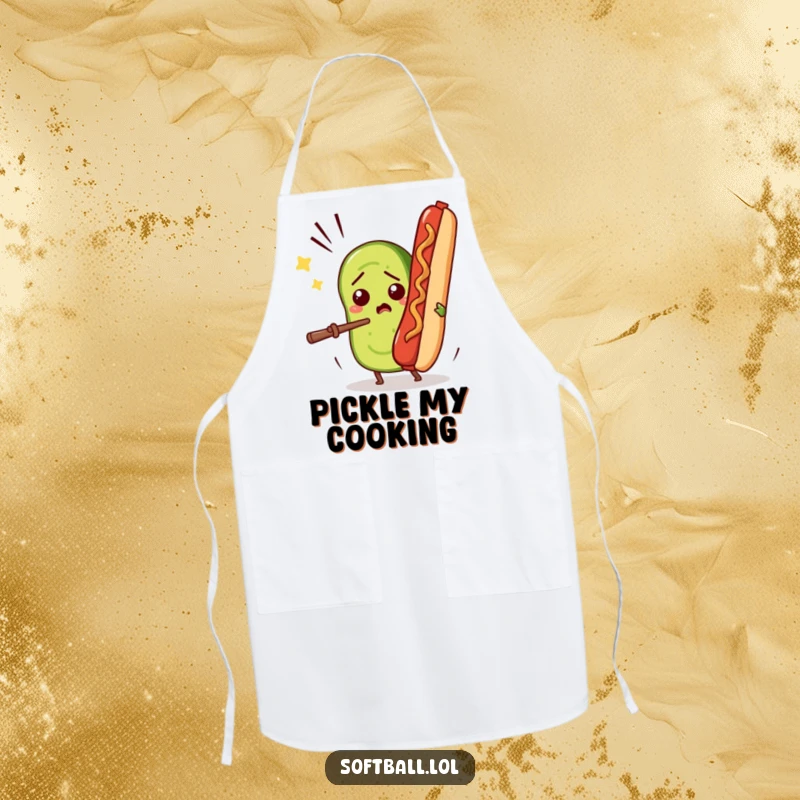 Funny cooking apron depicting a confused pickle slice comically batting a flying hot dog, a humorous kitchen accessory.