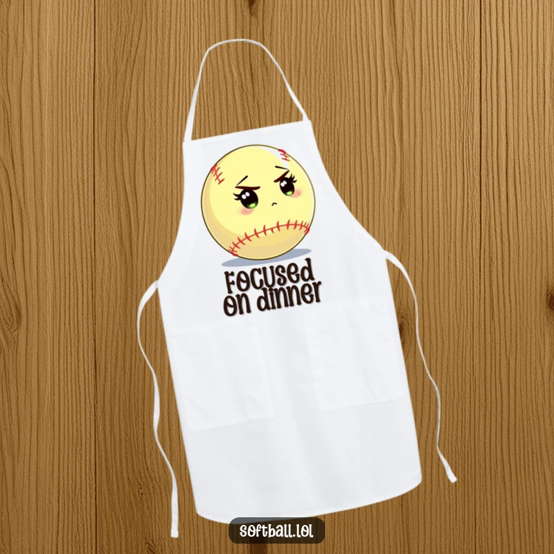 Funny softball apron showing a softball character intently focusing on the batter, perfect for concentrated cooking.