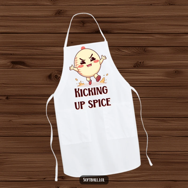 Funny softball apron showing a character playfully kicking up dust with a happy grimace, perfect for a spirited kitchen presence.