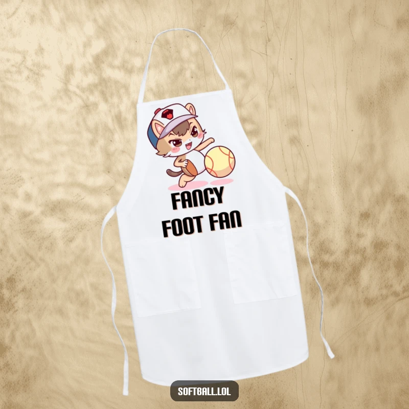 Funny apron showing a mischievous character dribbling a softball with its foot, great for kitchen fun.