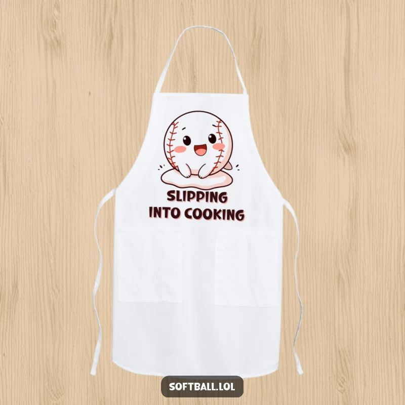 Funny softball apron showing a cheerful character sliding into a base, adding a humorous, sporty touch to kitchen wear.