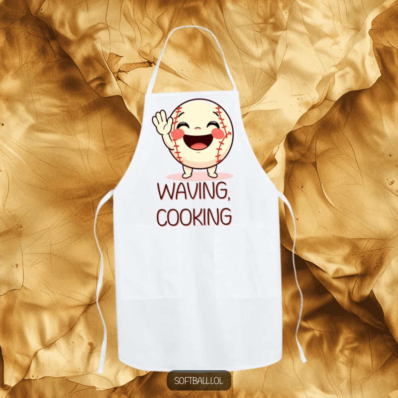 Funny softball apron showing a character waving excitedly with a big, friendly smile, perfect for a welcoming kitchen presence.
