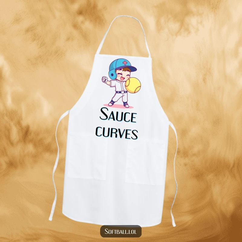 Funny softball player apron shows a character throwing a curveball with a wink, ideal for humorous kitchen protection.