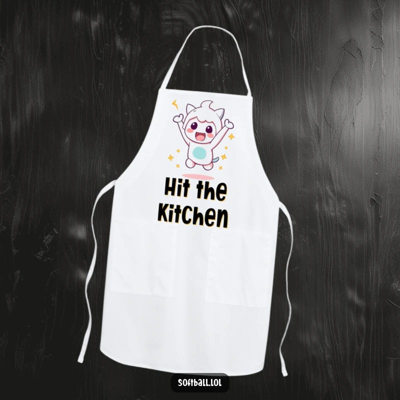 Funny Victory Jump Apron, showing a kawaii character doing a happy jump after a hit, perfect for kitchen celebrations and protecting clothes.