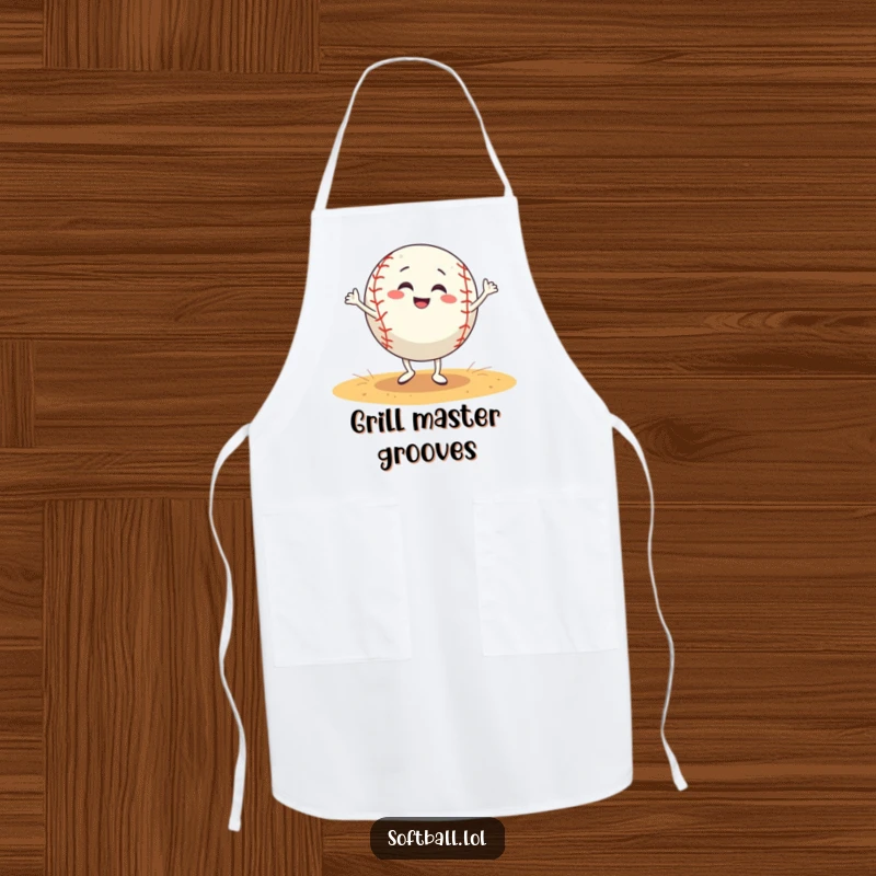 Funny softball apron depicts a grinning softball character doing a silly dance, bringing humor to cooking and baking tasks.