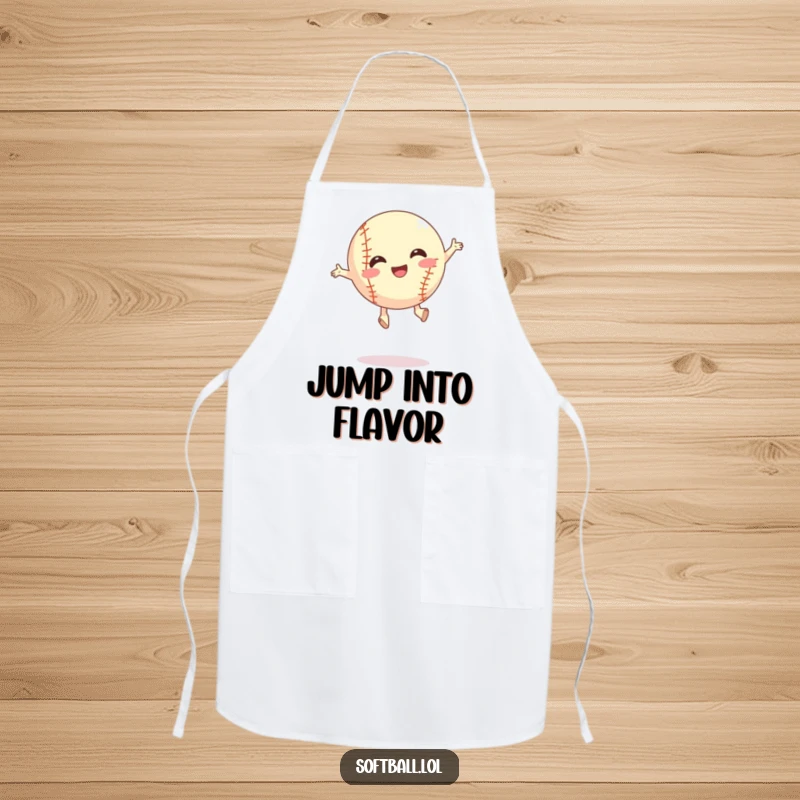 Funny silly jump softball apron, performing a fun jump, perfect for kitchen fun or a funny gift.