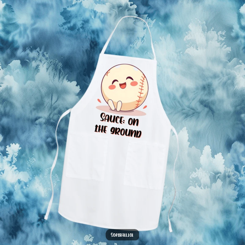 Funny Apron: A softball character rolls gleefully on the ground, bringing playful energy and humor to cooking.