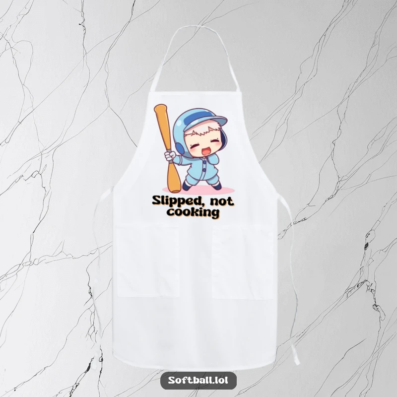 Funny apron featuring a character comically tripping over a baseball bat, adding humor to kitchen tasks and cooking.