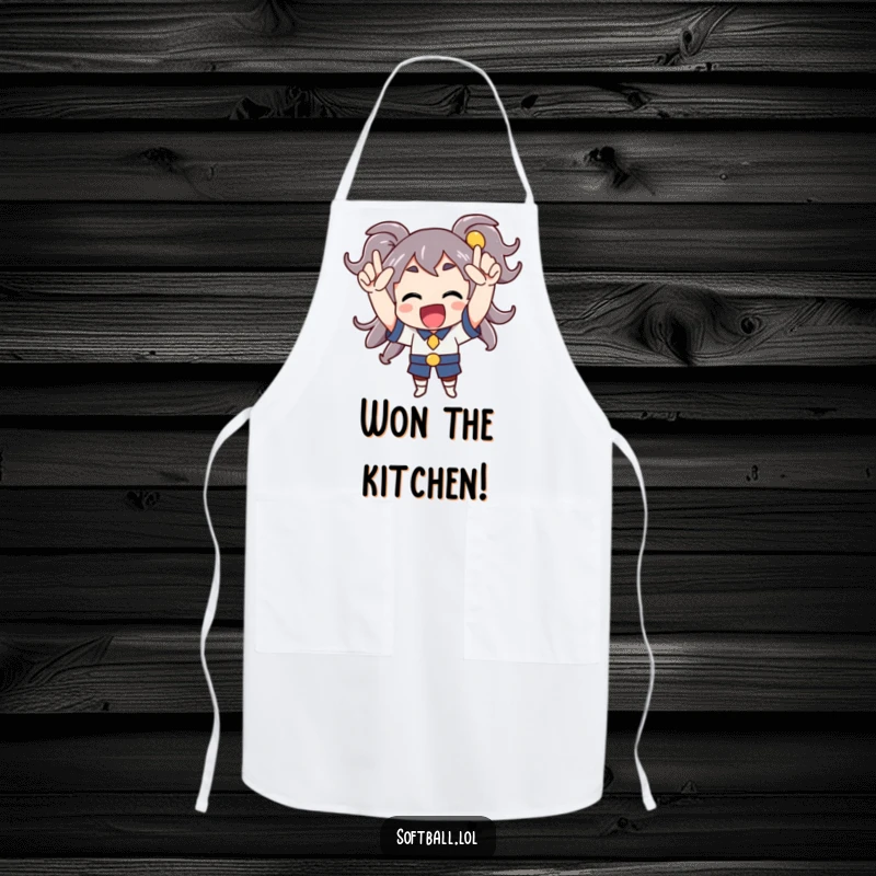 Funny apron featuring a character cheering enthusiastically with arms raised, adding humorous celebration to cooking.