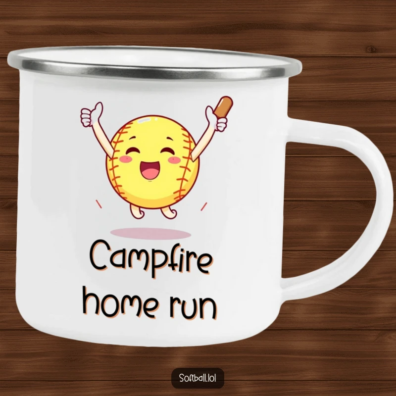Funny softball arms outstretched celebrating a home run with a jump, durable and celebratory mug