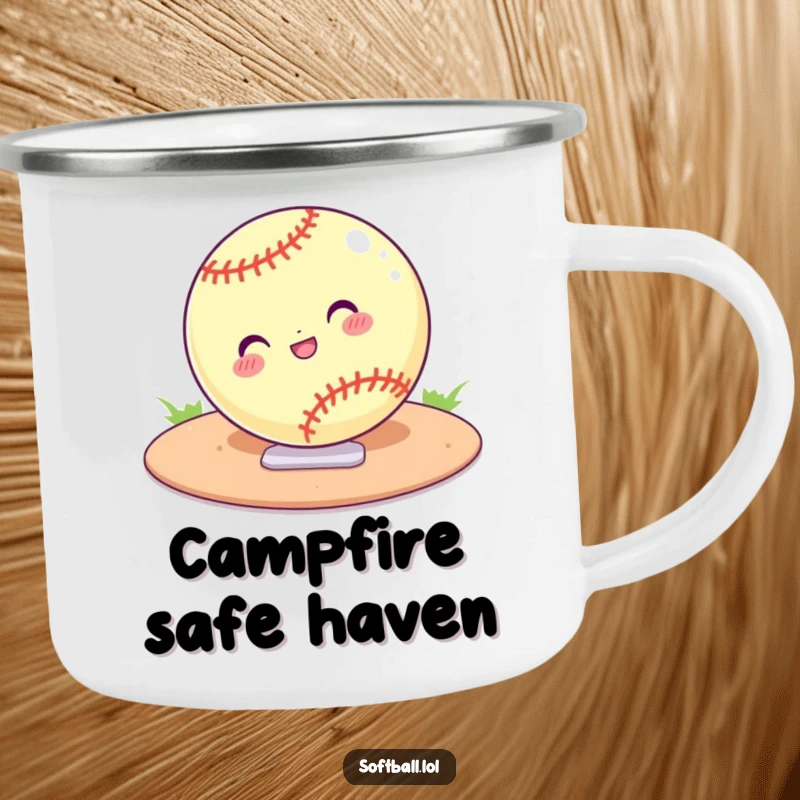 Funny enamel camping mug featuring a softball confidently sliding into home plate. Durable and humorous outdoor gear.