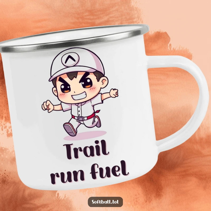 Funny enamel camping mug featuring a determined character running bases, built for adventure and humor.