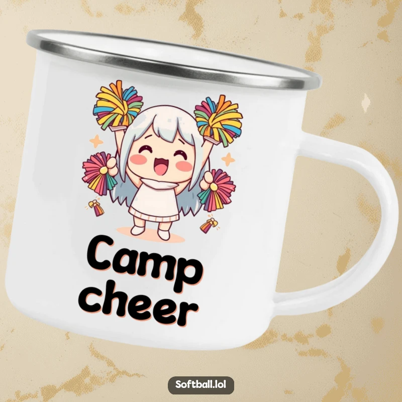 Funny kawaii character camping mug with a character cheering with pom-poms, ideal for outdoor spirit and humor.