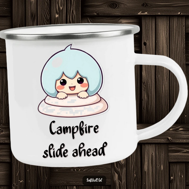 Funny Sliding Baseball Camping Mug, showing a happy kawaii character sliding into a base, great for camping and outdoor activities.