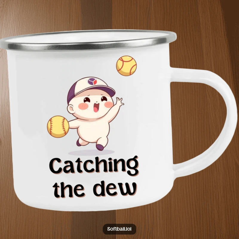 Funny softball camping mug featuring an agile character making a skillful catch, designed for rugged fun and athletic humor.