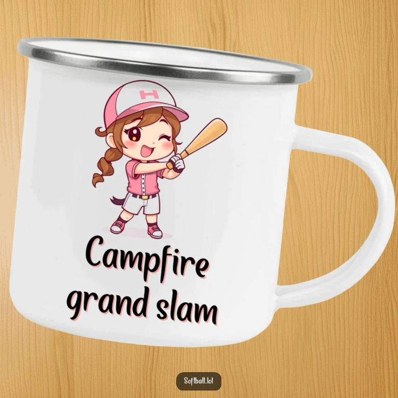 Funny camping mug showing a happy character in a softball uniform swinging a bat, perfect for outdoor enthusiasts.