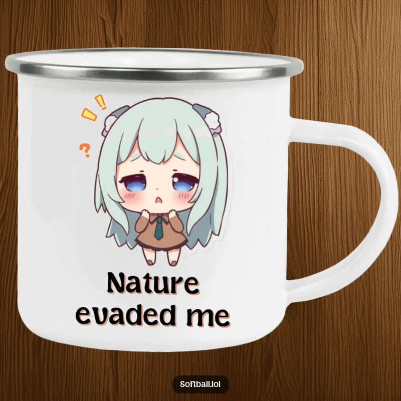 Funny camping mug with a surprised character after missing a hit, durable and humorous for outdoor adventures.