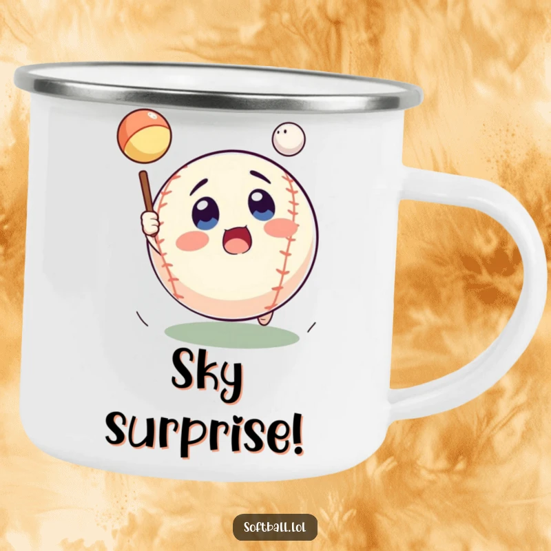 Funny surprised softball camping mug, featuring a wide-eyed expression while catching, perfect for outdoor humor gifts.