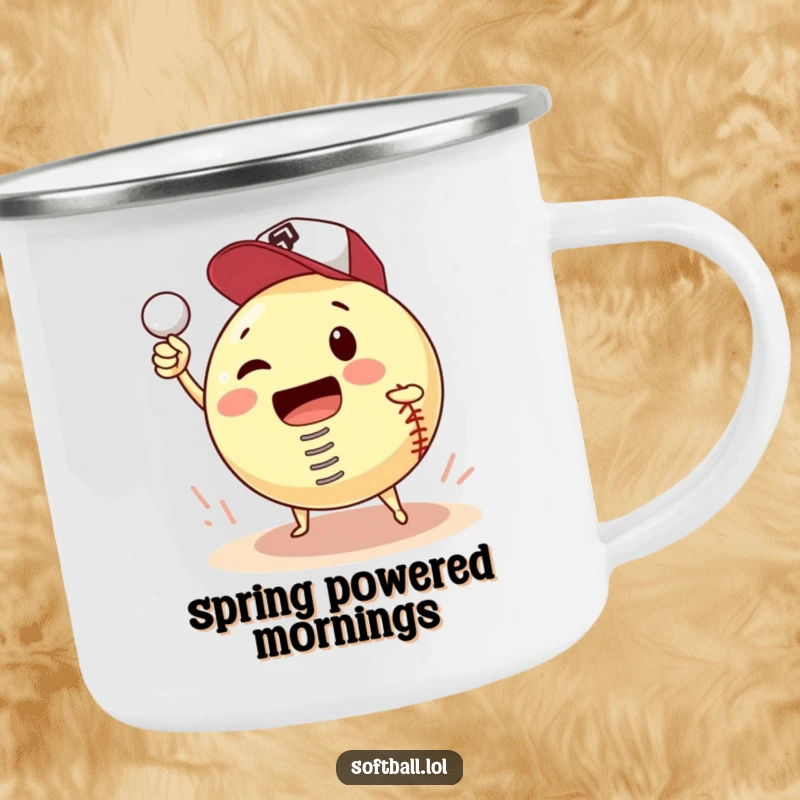Funny camping mug featuring a softball with a spring, hilariously attempting to pitch itself, ideal for outdoor humor.