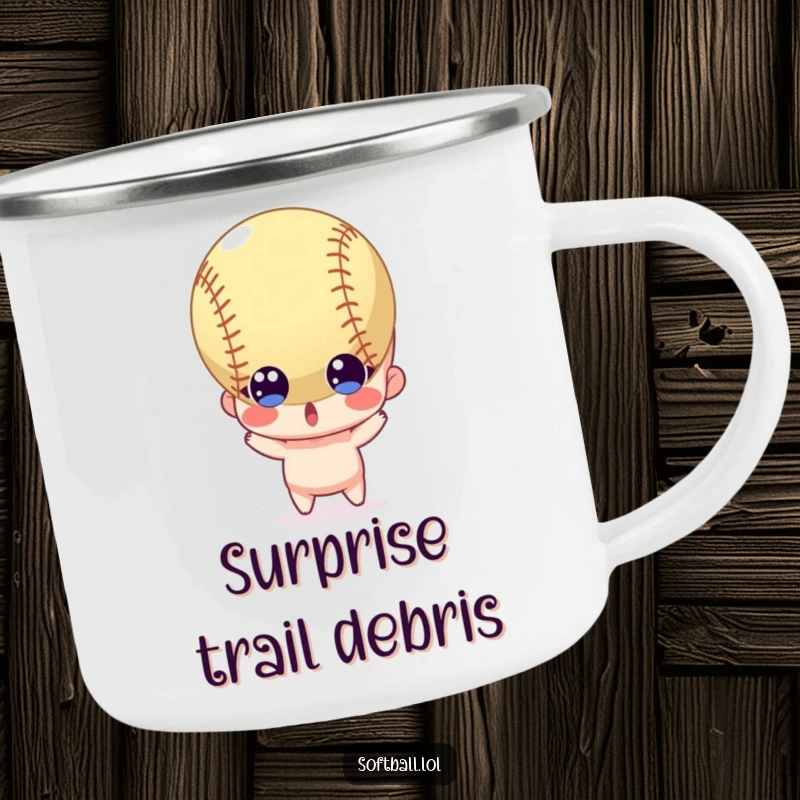 Funny camping mug featuring a surprised character with wide eyes reacting to a softball, perfect for outdoor humor.