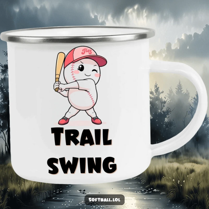Funny softball camping mug with a confident character mid-swing, bringing athletic humor to outdoor settings.
