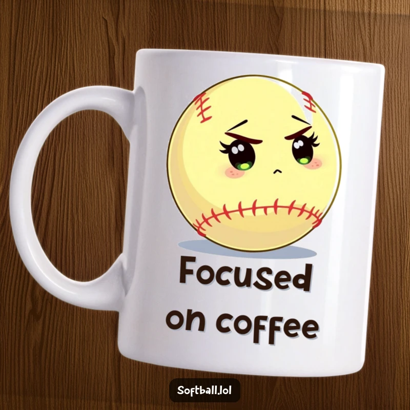 Funny softball mug showing a softball character staring intently at the batter with determination, ideal for focused athletes.