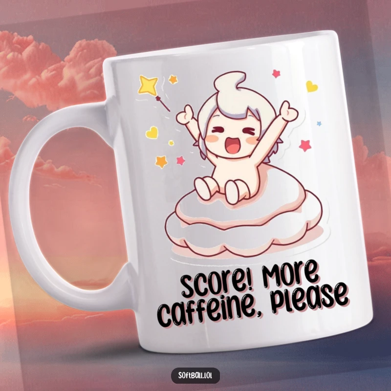 Funny mug showing a cartoon character sliding gleefully into a bouncy base, celebrating a home run with joy.