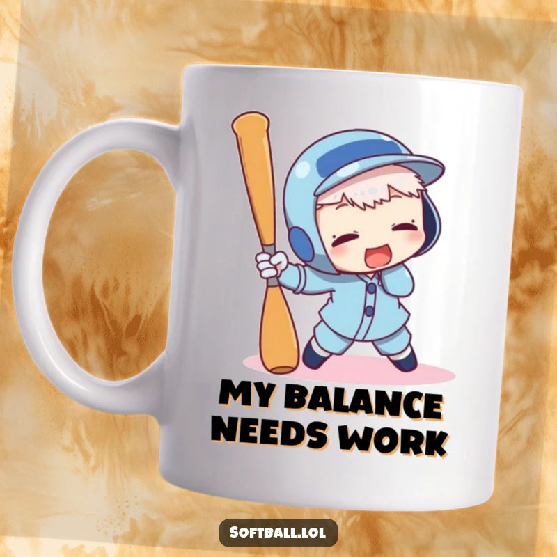 Funny mug showing a cartoon character comically tripping over a baseball bat, expressing surprise and clumsiness.