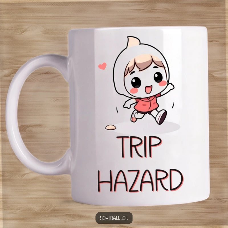 Funny kawaii character mug depicting a cute character playfully tripping while running bases, a humorous and relatable sports mishap.