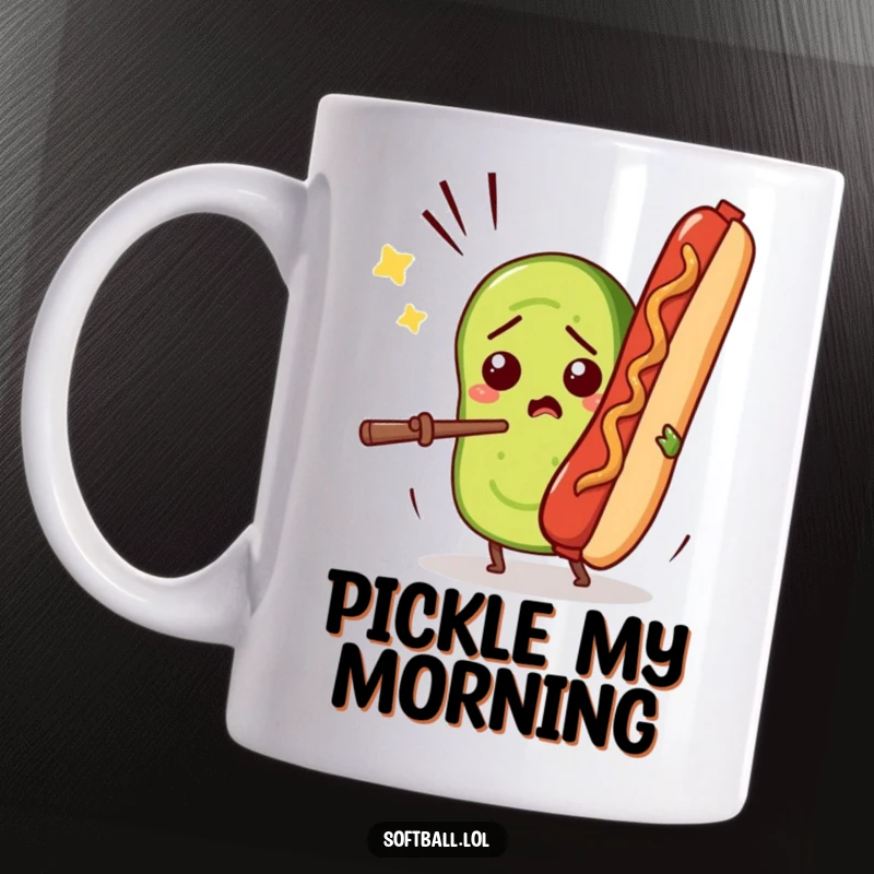Funny mug showing a confused pickle slice comically attempting to bat a flying hot dog, a humorous gift for foodies.