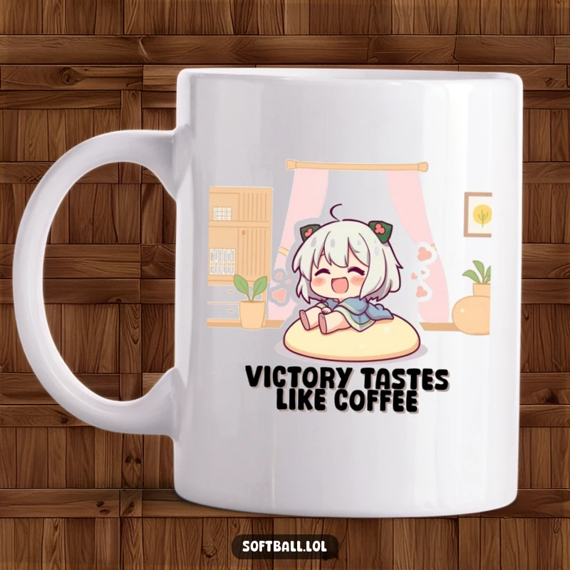 Funny character joyfully sliding into home base with dust flying, captured on a mug, celebrating sports action and humor.