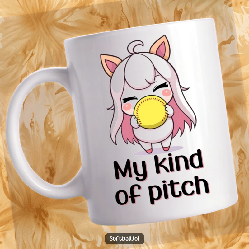 Funny mug showing a character winking playfully while holding a softball, ideal for softball players and fans.