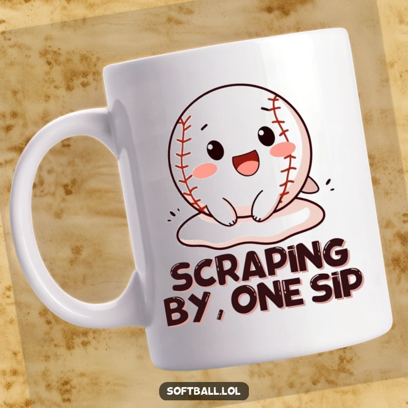 Funny softball mug showing a cheerful character sliding headfirst into a base with determined excitement and a hint of playful silliness.
