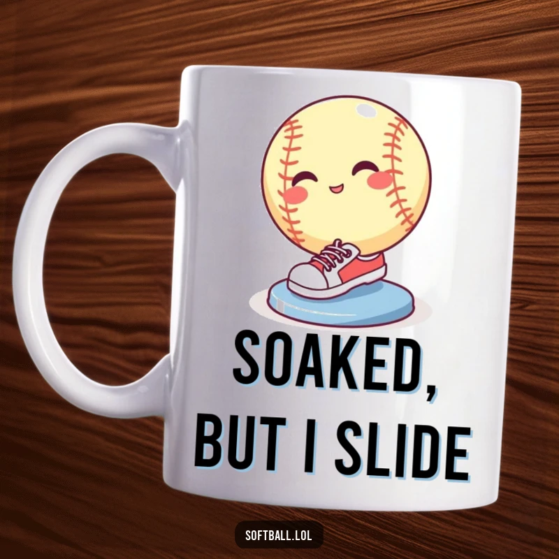 Funny softball wearing tiny sneakers sliding into a base with a flourish, a humorous sports gift