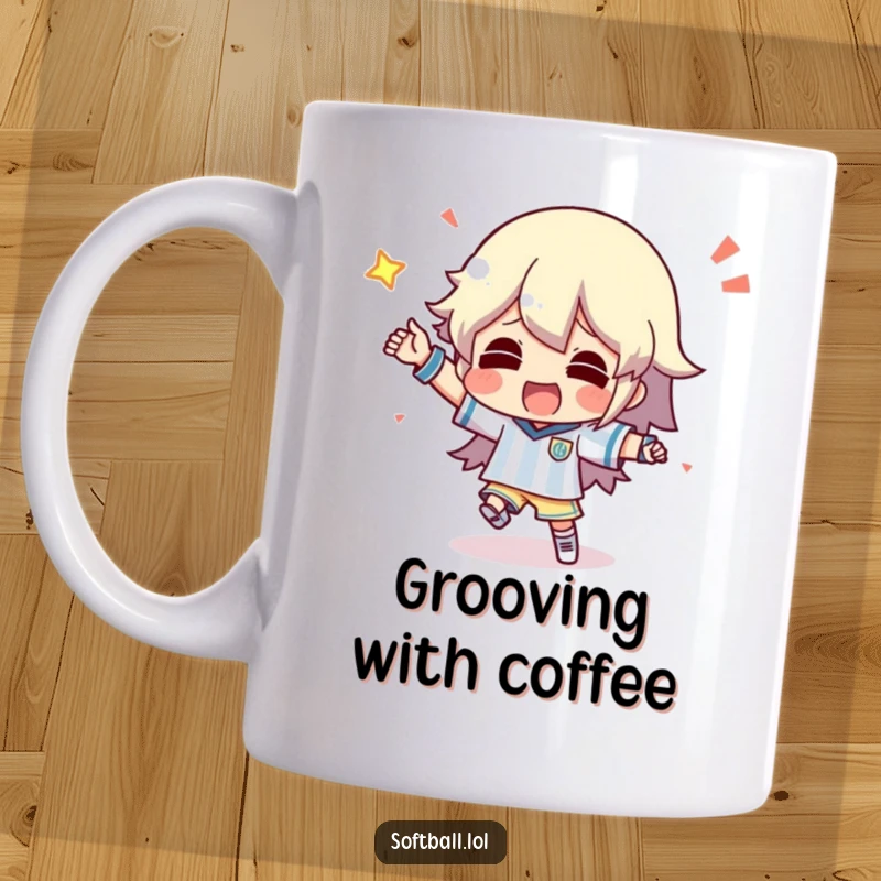 Funny mug showing a character doing a silly, energetic dance after scoring a point, full of joy.