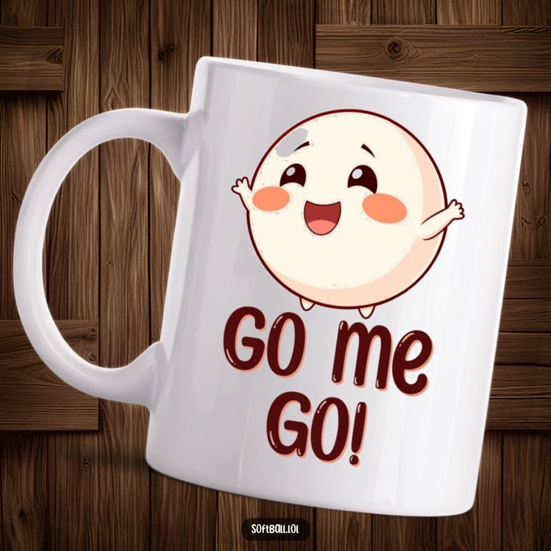 Funny cheerful softball mug with rosy cheeks, excitedly cheering, perfect for a funny gift and sports enthusiast.