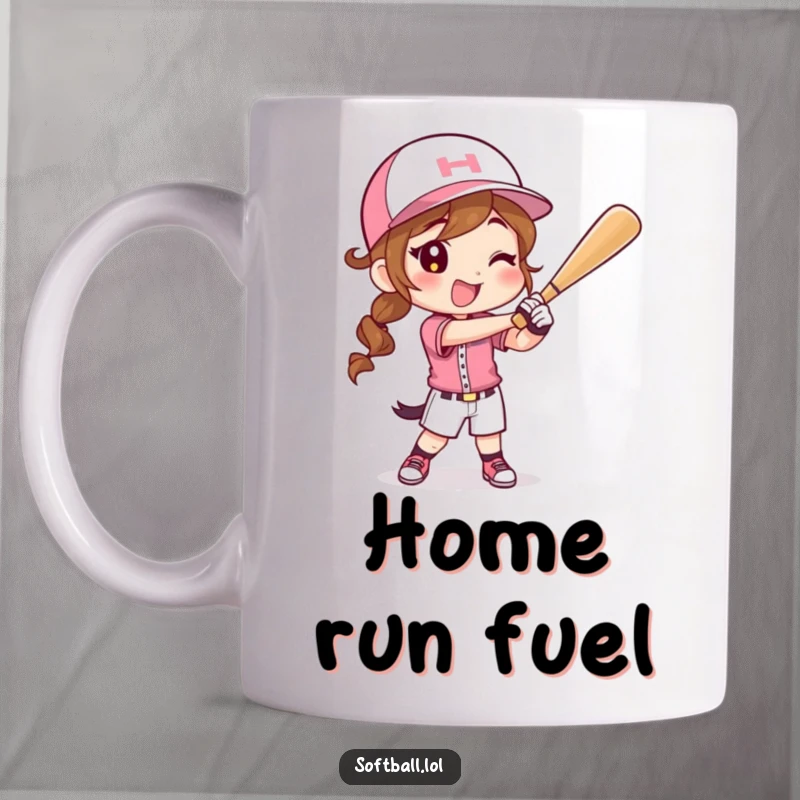 Funny mug of a happy character in a softball uniform swinging a bat with gusto, celebrating the love of the game.