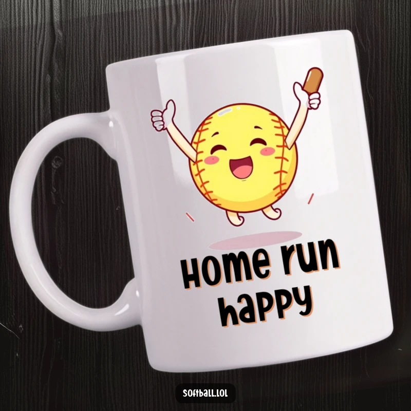 Funny softball with arms outstretched celebrating a home run with a jump, joyous sports victory mug