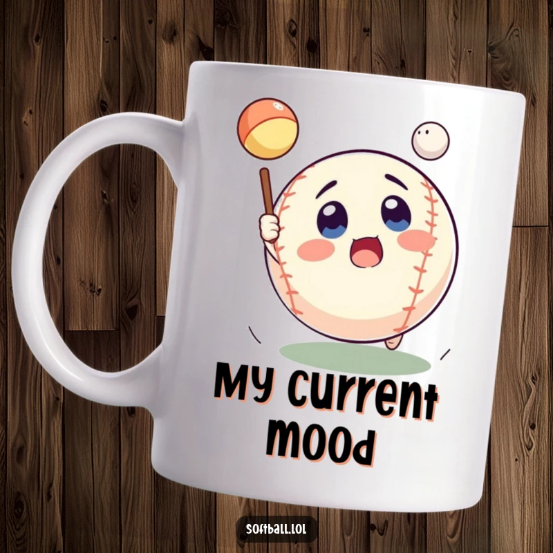 Funny softball mug with a surprised expression, mid-air catching a pop fly, perfect for a gift.