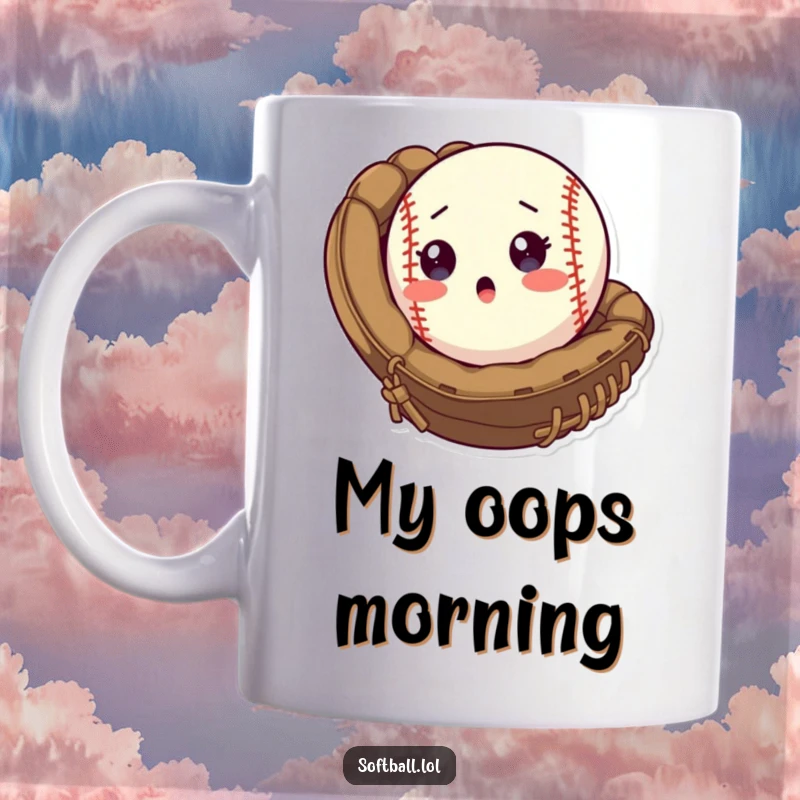 Funny Mug depicting a softball with a shocked expression popping out of a catcher's mitt, symbolizing a surprising play.