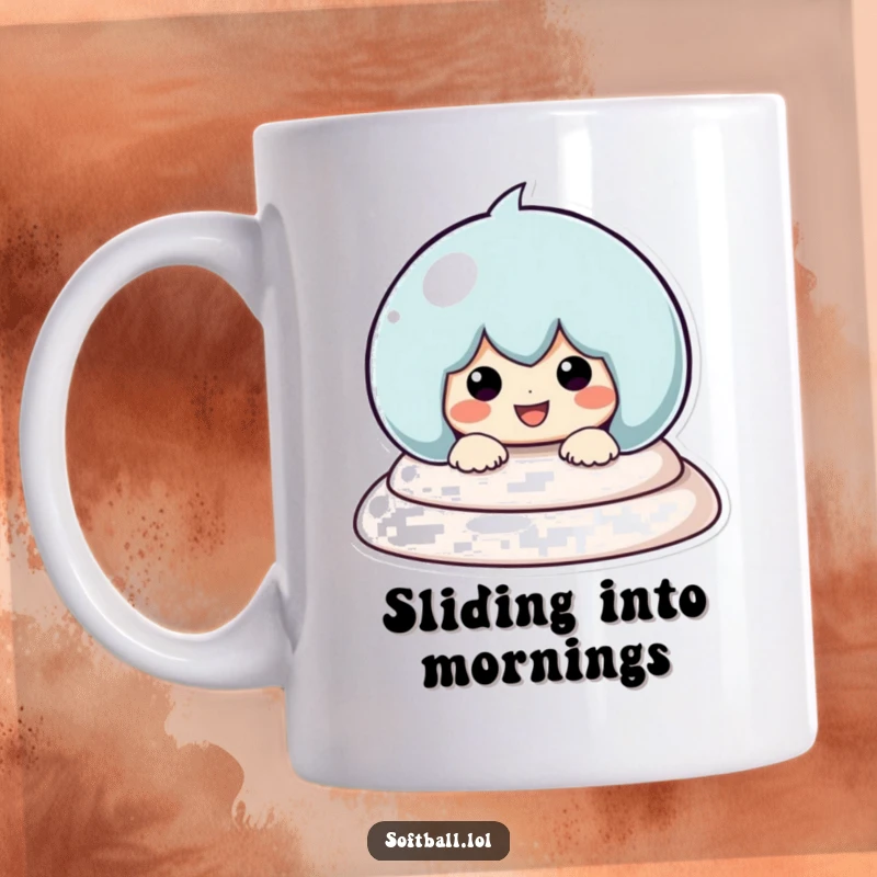 Funny Baseball Sliding Mug, featuring a kawaii character sliding headfirst into a base with a huge smile, celebrating the fun of the game.