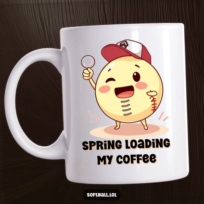 Funny mug with a softball on a spring attempting to pitch itself, capturing a moment of absurd sports humor and ambition.