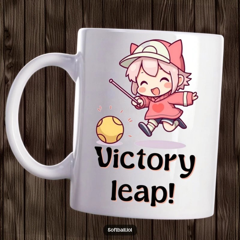Funny mug shows an energetic character mid-air, performing a silly, triumphant jump after successfully hitting a ball.