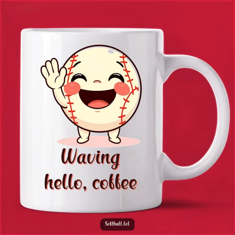 Funny Softball Wave Mug: Excited Character's Greeting, Cheerful Expression, Perfect Funny Gift