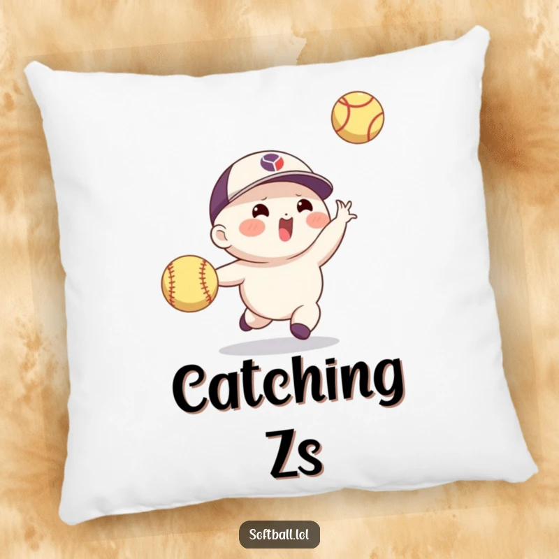 Funny softball pillow featuring an agile character making a skillful catch, perfect for adding comfort and a humorous athletic touch.