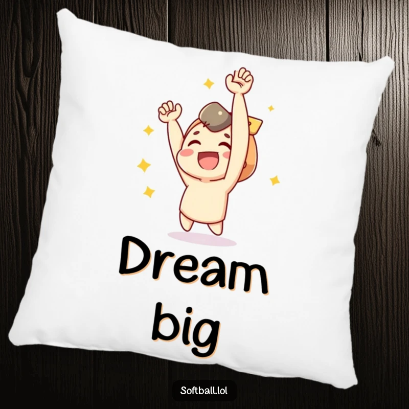 Funny pillow showing a joyful character celebrating a successful baseball hit with arms raised.