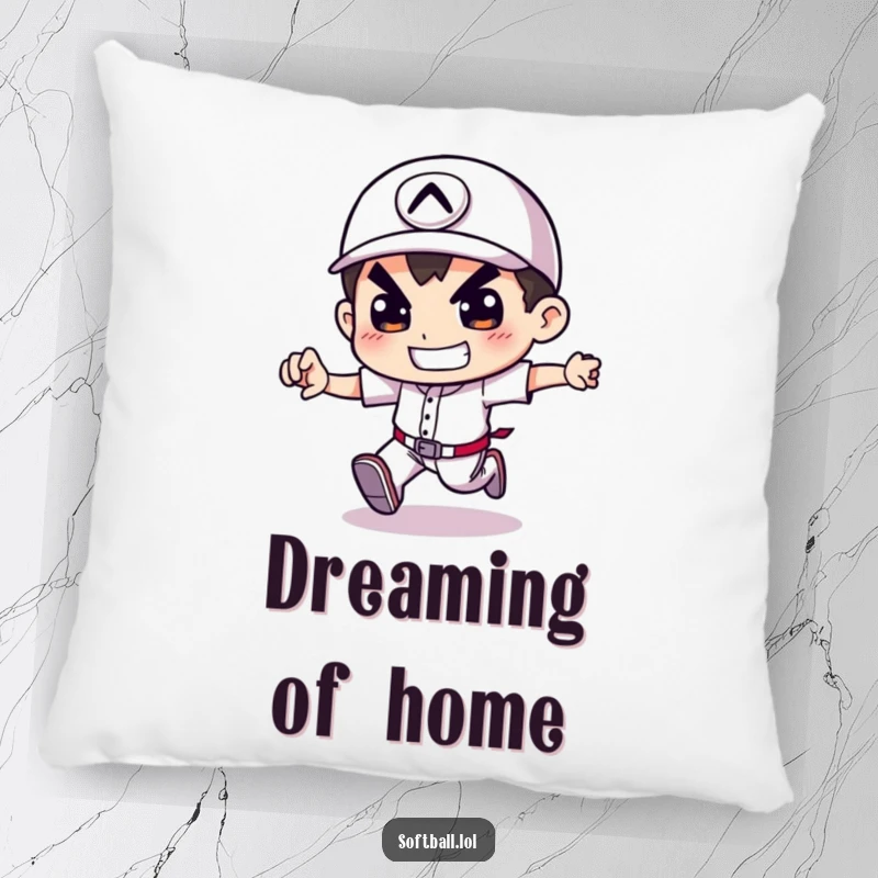 Funny pillow featuring a determined character sprinting baseball bases, bringing comfort and humor to any living space.