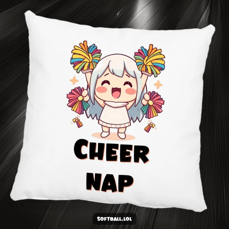 Funny kawaii character pillow with a cute character cheering with pom-poms, providing comfort and an energetic feel.